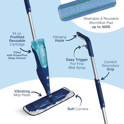 Bona PowerPlus Premium Motion Spray Mop for Hardwood Floors - Includes PowerPlus Hardwood Floor Cleaning Solution and PowerPlus Microfiber Cleaning Pad - Vibrating Spray Mop for Wood Floors