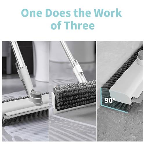 Floor Scrub Brush with Long Handle, 3 in 1 Scrape and Heavy-Duty Stiff Bristle Scrubber Brush Broom for Cleaning Shower Bathroom, Patio, Pool, Garage, Kitchen, Wall and Deck (White, 1 Pack)
