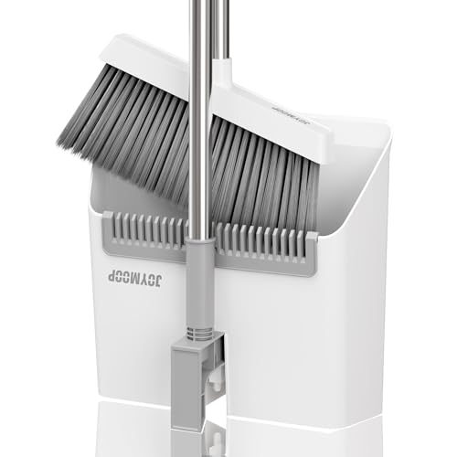JOYMOOP White Broom and Dustpan Set, Upright Angle Design with Built-in Comb Teeth for Kitchen, Office, Pet Hair, Hard Floors