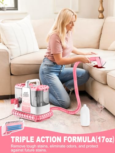 Portable Carpet & Upholstery Cleaner Machine for Pet Stains, Powerful Suction Spot Cleaner for Couch, Sofa, Car Interior & Rugs, Lightweight Compact Deep Cleaning Machine with Solution, Pink