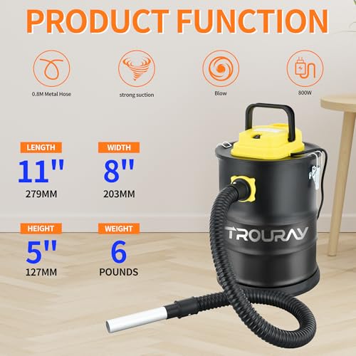 TROURAY Fireplace Ash Vacuum Cleaner, 2.6 Gallon Heat Resistant Lightweight Canister Vacuum Cleaner with 800W Powerful Suction Blowout for Fireplaces, Pellet Roasters, Woodstoves Pellet Ash Vacuums