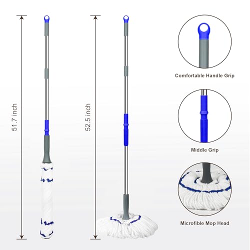 Self Wringing Floor Cleaner with 52.5 Inch Long Handle, Heavy Duty Wet Mop for Hardwood, Tile, Vinyl, Laminate Floors (White)