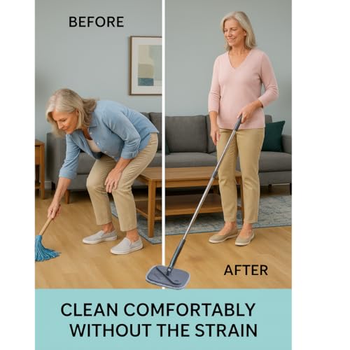 TRUE & TIDY Square Spin Mop & Bucket System – Dual Chamber for Clean & Dirty Water, 360° Rotating Self-Wringing Mop with Built-in Scrub Brush, Stainless Steel Handle & 2 Reusable Microfiber Mop Pads