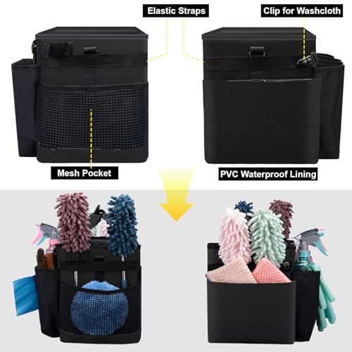 Wigojoy Wearable Large Cleaning Caddy Bag for Housekeeper, Clean Supply Organizer with Adjustable Shoulder, Waist & Handle Straps, Detailing Bag for Kitchen Supplies (Black)