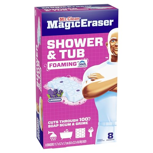Mr. Clean Magic Eraser Sponge, Bathroom, Shower, Tub Cleaner, Soap Scum Remover, Bathroom Cleaning Supplies, Dawn Cleaning Power with Lavender Scent, Shower & Tub, 8ct