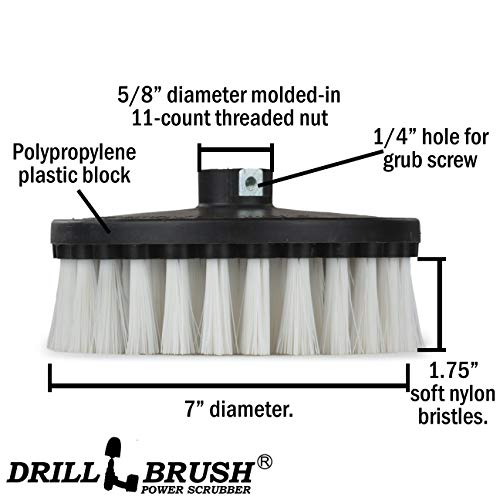 Carpet Cleaner Scrub Brush for Polisher - 7 Inch Soft White Drillbrush with 5/8 x 11 Threaded Hub for Rotary Polisher Machine - Large Car Buffer Brush - Large Carpet Scrubber - Drill Adapter Included