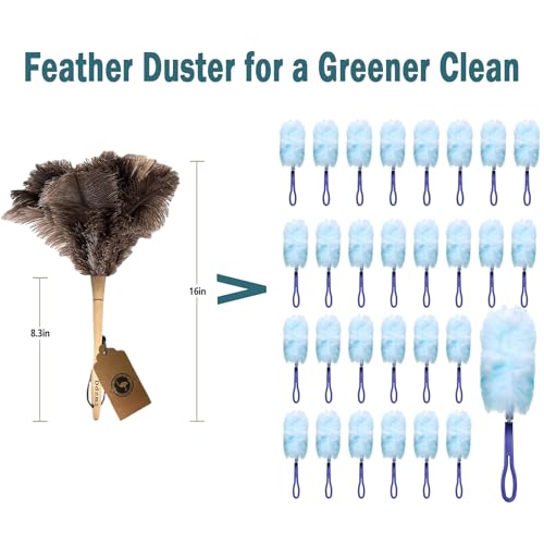 Ostrich Feather Duster for Cleaning-Furniture Dusters with Handle Ddzmz Hand Duster with Fluffy Natural Genuine Feather Reusable Household Duster, Gray and Brown(Length 16")