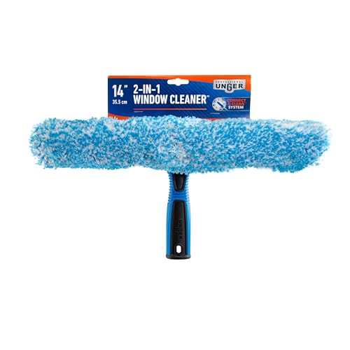 Unger Professional Connect and Clean 2-in-1 Squeegee and Scrubber, 14” Window Cleaning Tool, Essential Glass Cleaner for Commercial and Residential Use, Reusable Microfiber Sleeve, Streak-Free Results