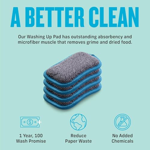 E-Cloth Washing Up Scrub Pad - Microfiber Sponge for Cleaning, Reusable Kitchen Sponge for Dishes & Sink, Non Scratch, Multi Purpose Scrubber, Machine Washable - 4 Pack