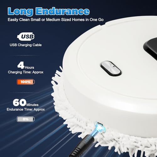 Automatic Mopping Robot for Hard Floors – Spray & Scrub Floor Cleaner with 60min Runtime – USB Rechargeable, 360° Wipe, Wet/Dry Pads – Cleans Wood, Tile, Marble – White