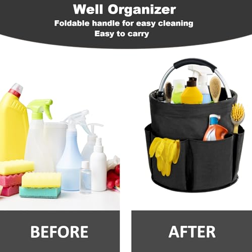 abcmilz 17L Cleaning Caddy with Handle, Cleaning Supplies Organizer, Foldable Storage Basket, Cleaning Supply Caddy, Portable Multi Cleaning Bucket Bag for Home, Garden (Black)