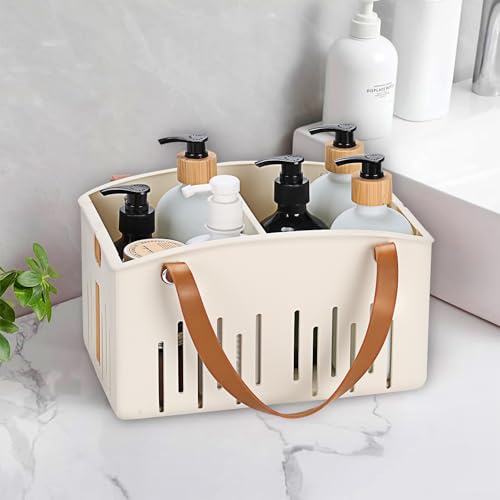 Homiton Portable Shower Caddy Collapsible Plastic Shower Basket Tote with Handles Removable Divider, Cleaning Caddy Storage Organizer for Bathroom College Dorm (White)