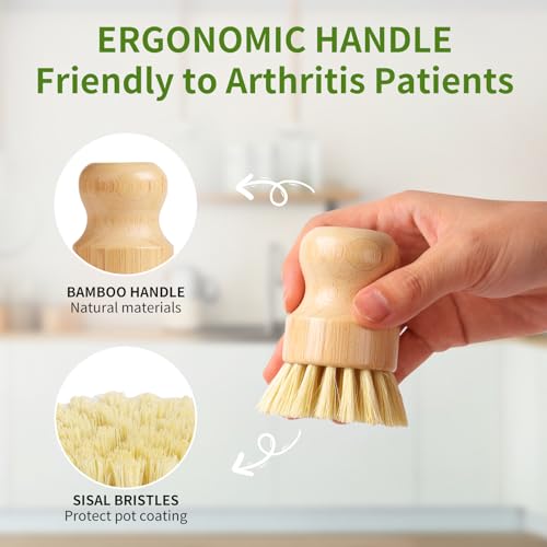 ÖkoStamm 4 Pack Bamboo Dish Brush, Dish Scrubber Brush with Sisal Bristle, Natural Scrub Brush for Kitchen Cleaning Dishes, Pots, Pans, Bottles, Vegetables