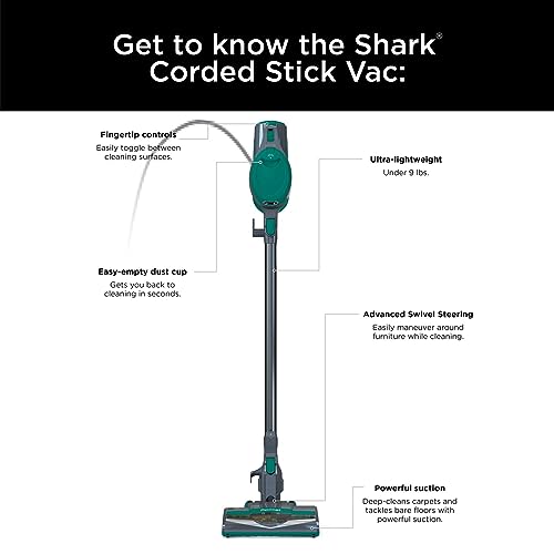 Shark CS110 Ultra Lightweight Corded Stick Vacuum with Easy Empty Cup, Fingertip Controls, Powerful Suction and Advanced Swivel Steering Over Hardwood Or Carpet (Emerald) (Renewed)