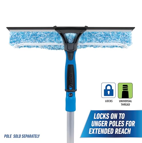Unger Professional Connect and Clean 2-in-1 Squeegee and Scrubber, 14” Window Cleaning Tool, Essential Glass Cleaner for Commercial and Residential Use, Reusable Microfiber Sleeve, Streak-Free Results