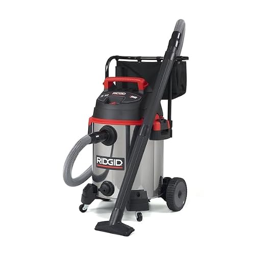 RIDGID 50353 1610RV Stainless Steel 16-Gal. Wet Dry Shop Vacuum with Cart, 6.5 Peak HP Motor, Large Wheels, Pro Hose, Drain, and Blower Port, Red