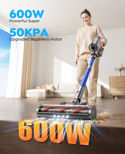 Cordless Vacuum Cleaner with 2 Batteries, 130 Mins/50KPa/600W Stick Vacuum Cleaners for Home with 3.3Ft Hose, Sofa Brush, TouchScreen AUTO-Mode, Wall Mount Charging, Scented, for Floor/Carpet/Pet Hair