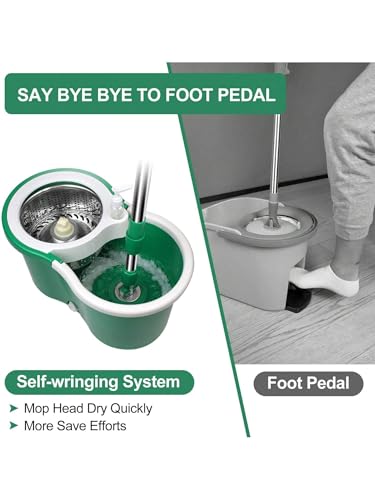 Spin Mop and Bucket with Wringer Set, 360° Spinning Mop Bucket System with 3 Microfiber Mop Replacement Heads, Adjustable Handle for Floor Cleaning (Green)