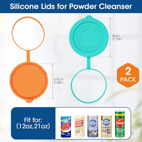 2Pack Silicone Powder Cleanser Lids for Bar Keepers Friend,Comet,Ajax Powder Cleanser 12oz&21oz Powder Cleanser Cover Cap Moisture Resistance,Cleanser Accessory Keep Powder Dry