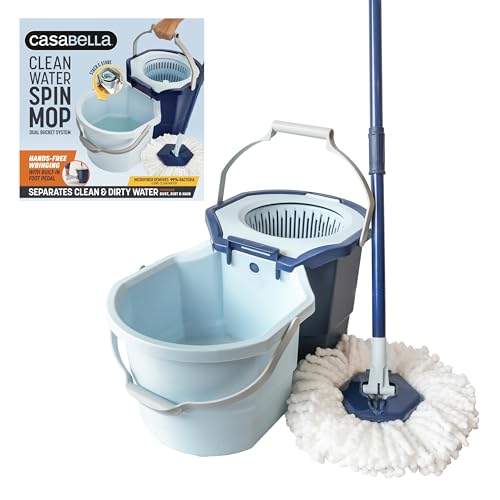 Casabella Clean Water Microfiber Spin Mop with 2-Bucket System, Antibacterial Spin Mop and Mopping Bucket Set, Blue/White