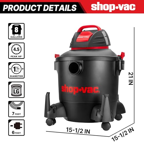 Shop-Vac 5922805 Wet/Dry Vacuum, 8 Gallon, 4.5 Peak HP, 1.25 Inch Diameter x 7 Foot Hose, 6 Foot Cord, Ideal for Jobsite, Garage, Workshop & Home