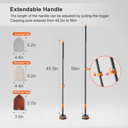 CLEANHOME Tile Tub Scrubber Brush with 3 Different Function Cleaning Heads and 56" Extendable Long Handle-No Scratch Shower Scrubber for Cleaning Bathroom Kitchen Toilet Wall,Bathtub,Sink,Grey