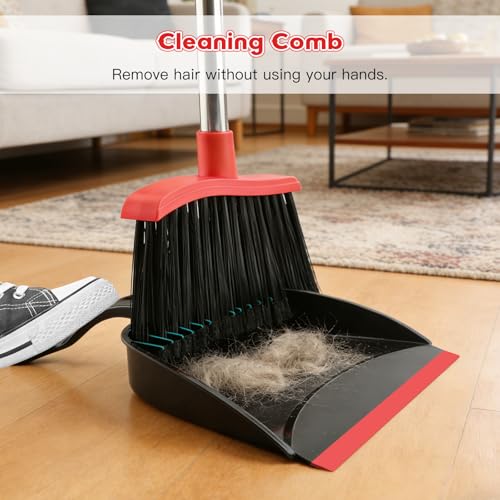EZKEY Broom and Step-on Dustpan Set, 59-in Adjustable Long Handle Broom with Dustpan Combo Set Outdoor Angle Broom for Sweeping Indoor Dust Pet Hair for Cleaning Kitchen Garage Deck Patio, Black&Red