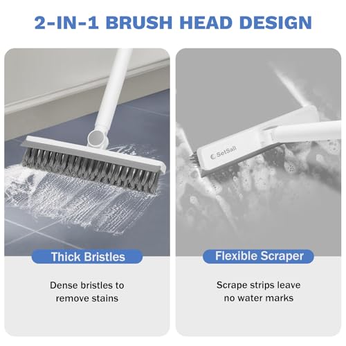 SetSail Grout Cleaner Brush with Long Handle, V-Shaped Floor Scrub Brush Swivel Grout Brush Stiff Bristle Floor Grout Scrubber for Bathroom, Tile Line, Crevice, Kitchen, Wall, Deck, Garage, White Grey