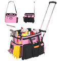 JKAOO Large Rolling Cleaning Caddy Bag with Detachable Trolley, Waterproof Cleaning Caddy on Wheels for Housekeepers, Cleaning Cart Supplies Organizer for Home,Car,Office,Picnic (Pink) (Patented)