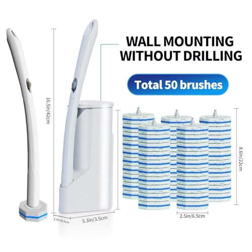 Disposable Toilet Brush Cleaning System with 50pcs Refills Pads Replacement Heads, Toilet Cleaning Stick, Wall Mounted Toliet Wand Kit Bathroom Maintenance, Toilet Bowl Cleaner Wands Holder and Set