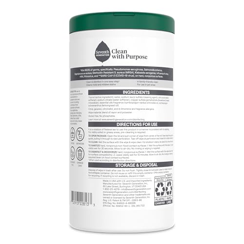 Seventh Generation Disinfecting Wipes, Lemongrass Citrus, 70 Count, 3 Pack, Botanical Multi-Surface Cleaner Kills 99.9% Germs, No Bleach, Plant-Based Formula for Home, Kitchen, Bathroom, Car Interior