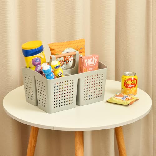 PAKCHOICE Portable Shower Caddy Basket with Wood Handle, 3-Compartment Bathroom Organizer Tote with Drain Holes, Plastic Shower Basket for Dorm, Toiletries, Cleaning Supplies, Dark Gray