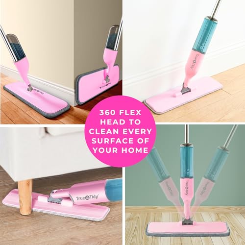 True & Tidy® SPRAY-250 Multi-Surface Spray Mop with 490ml Refillable Water Bottle for Floor Cleaning, Works on Wood, Tile, Marble etc, Use Any Cleaning Solution, Machine Washable Microfiber Mop Pads
