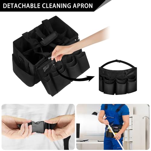BOHEMIABY Large Cleaning Caddy Tote with Removable Divider, Heavy-Duty Wearable Apron Organizer with Pockets for Housekeeping, Cleaning Supplies, Tools (Black)