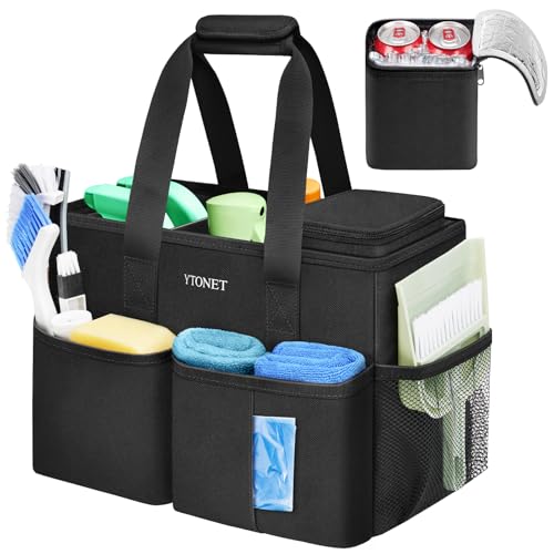 Ytonet Cleaning Caddy, Water Resistant Cleaning Supplies Organizer with Handle & Foldable Divider for Cleaners, Housekeeping Tote for Kitchen & Bathroom, Car Tool Caddy Organizer Bag, Black