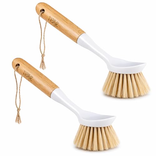 Kitchen Dish & Cast Iron Brush with Scraper, [2 Pack] Skillet Scrub Cleaner with Handle, Kitchen Cleaning Scrubber for Dishes, Pots, Cast Iron Skillet, Non-Stick Frying Pans, Sinks and House Cleaning