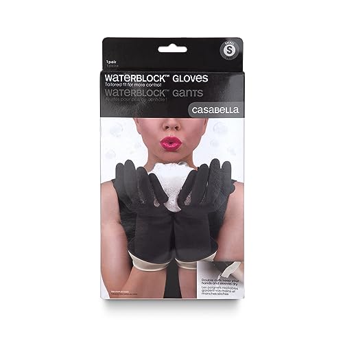 Casabella Premium Waterblock Latex Cleaning Gloves with Tapered Fit & Double Cuff, Breathable - Black - 6 Pack