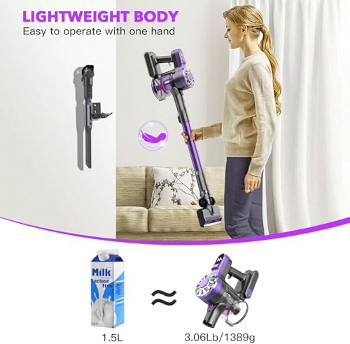 Cordless Vacuum Cleaner, 6 in 1 Lightweight Stick Vacuum with Rechargeable Battery, Handheld Conversion, LED Headlights & 180° Swivel Brush, for Hardwood Floor Carpet Pet Hair Stairs Car(Light Purple)