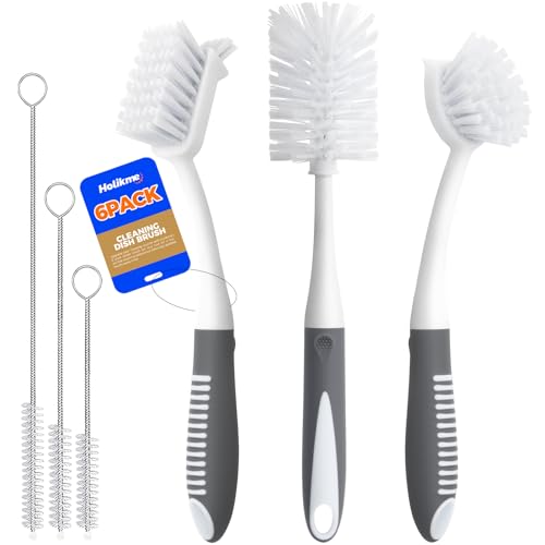Holikme 6 Pack Dish Brush Set with Bottle Brush, Dish Scrub Brush, Pan Brush and 3 Straw Brushes, Deep Cleaning Handle Brush with Scraper Tip for Kitchen Sink Dishes Bottle Cup Pot and Pans (Gray)
