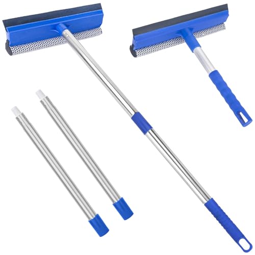 Window Squeegee for Home, 56'' Long Handle Shower Door Cleaner Tool, 2-in-1 Glass Scrubber for Car Windshield Cleaning