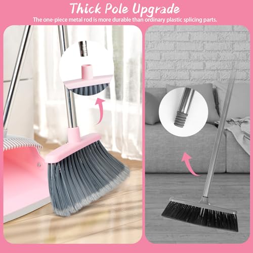 OOOFLOWER Broom and Dustpan Combo Set, Long Handle and Standing Dust Pan with Comb Teeth, Efficient Floor Cleaning for Kitchen, Outdoor, Dorm, Apartment, Office Lobby (Pink Gray)