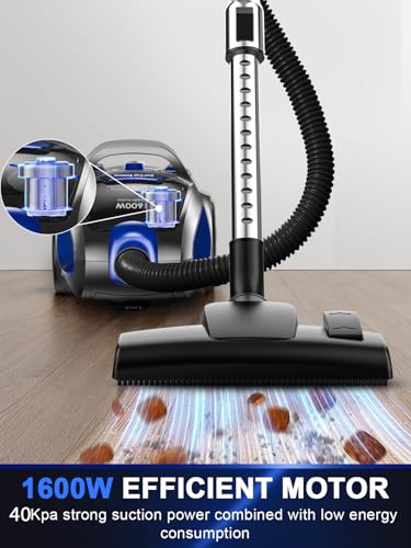 PKUYIE Canister Vacuum Cleaner, 40Kpa 1600W Cyclon Power Bagless Canister Vacuum Cleaners for Home, 3.7QT Large Dust Cup, Lightweight Vac for Hard Floors, Carpets, Pet Hair, Blue
