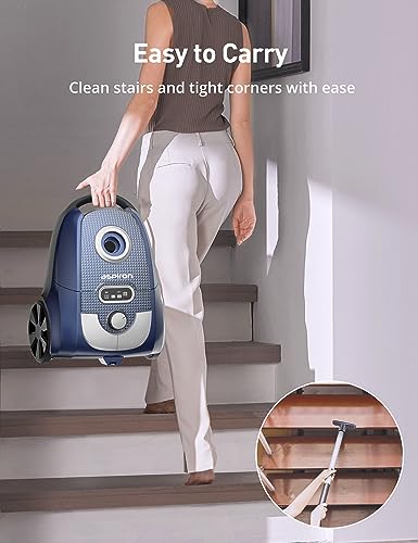 Aspiron Canister Vacuum, 1600W/40Kpa Canister Bagged Vacuum,4QT Dust Bag, H13 HEPA Filter, 5 Tools, Pet-Friendly,Variable Power Control,for Carpets, Hardwood Floors, Stairs, Pet Hair, Household,Car
