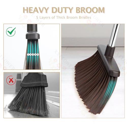 XXFLOWER Broom and Dustpan Set with Long Handle, Heavy Dust Broom and Dustpan Combo for Home，Kitchen, Office, Pet Hair(Beige)