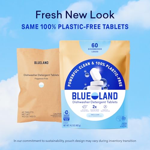BLUELAND 100% Plastic-Free Dishwasher Detergent Tablets, 60 Count, Free & Clear, Eco-Friendly Dishwashing Pods, Cuts Grease & Stuck on Food, Rinses Clean for Streak-Free Shine
