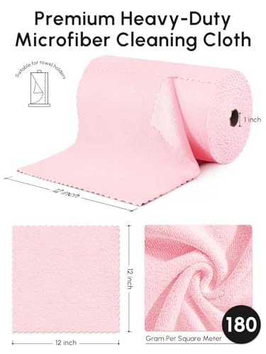 SOOWASH Microfiber Cleaning Cloths Roll, 75 Pack Tear Away Microfiber Towels Roll, 12" x 12" Lint Free Rags, Reusable Cleaning Cloths, Washable, Scratch Free,Ultra Absorbent Dish Rags(Pink)