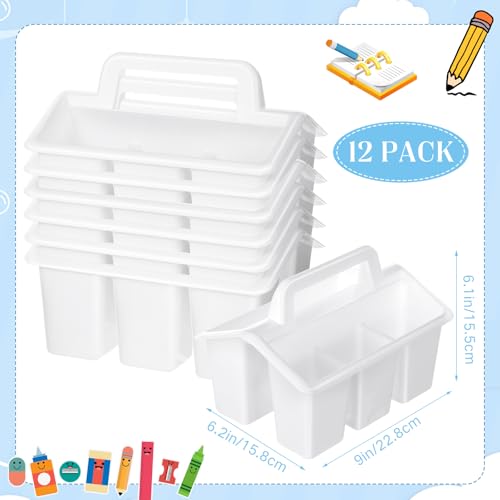 WILLBOND 12 Pcs Classroom Storage Caddies Stackable Utility Caddies with 4 Compartment Plastic Caddy with Handle Portable Storage Bins Organizers for Kids Schools Art Craft Supplies(White)