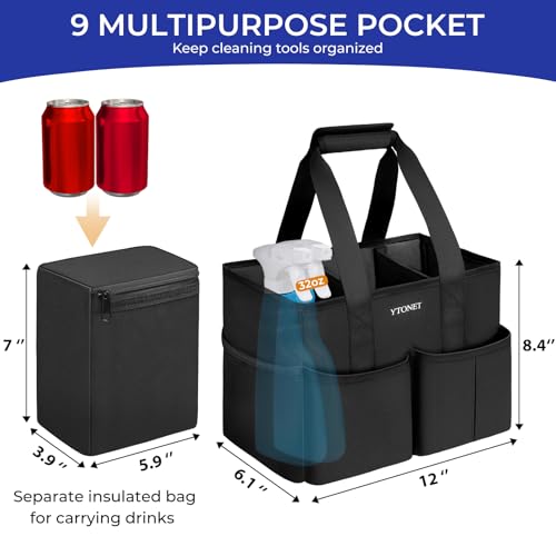 Ytonet Cleaning Caddy, Water Resistant Cleaning Supplies Organizer with Handle & Foldable Divider for Cleaners, Housekeeping Tote for Kitchen & Bathroom, Car Tool Caddy Organizer Bag, Black
