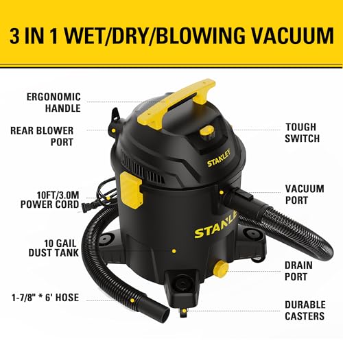 STANLEY 10 Gallon Wet Dry Vacuum, 6 Peak HP Poly Built-in Drain Shop Vac Blower with Powerful Suction, Multifunctional Shop Vacuum W/ 6 Horsepower Motor for Job Site, Garage, Basement, Van, Workshop