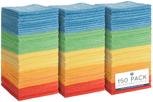 S&T INC. 150 Pack Microfiber Cleaning Cloth, Bulk Towels for Home, Reusable Microfiber Towels for Cars, Cleaning Rags, Assorted, 11.5 Inches x 11.5 Inches, 150 Count